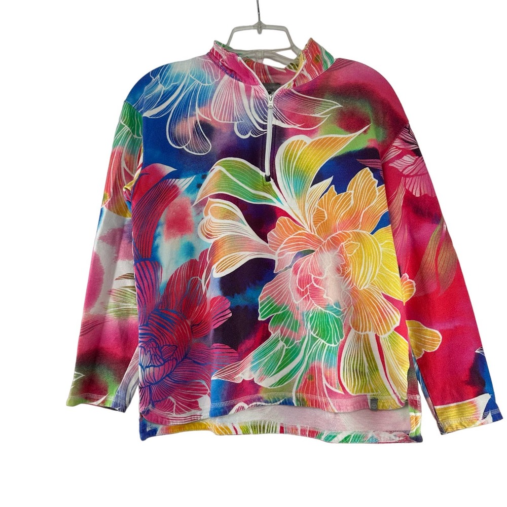 T By Talbot 1/4 Zip Pullover Top Womens Size LP Petite Bright Floral Long Sleeve